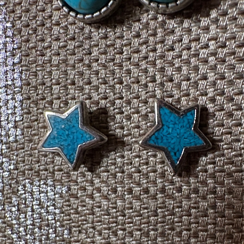 Stamped turquoise and silver earrings